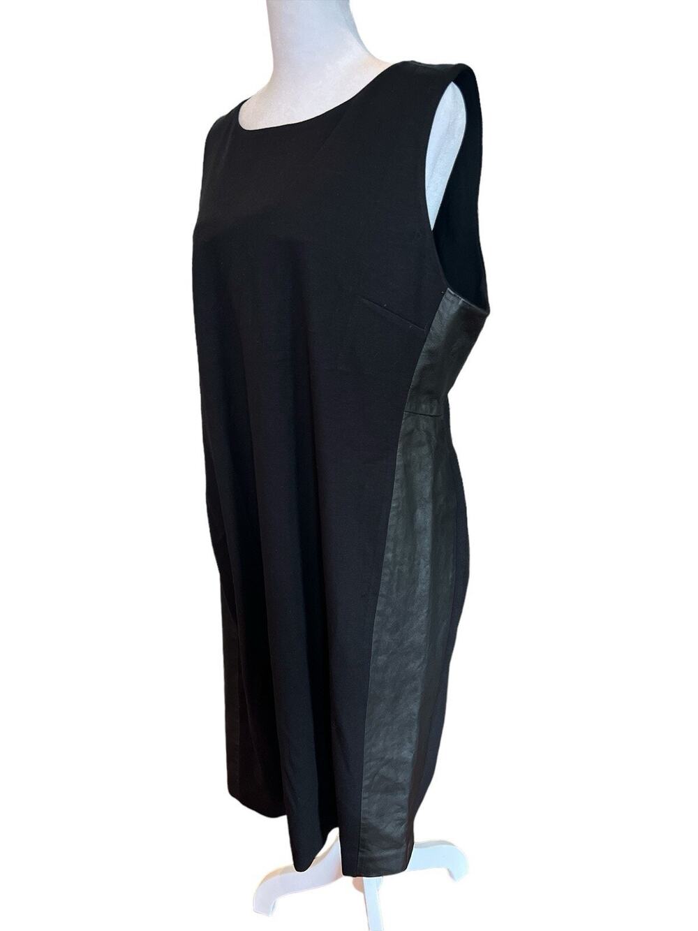 $448 Eileen Fisher Black Viscose Stretch Ponte with Leather Mini Dress Sz 18